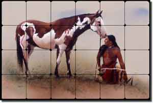 Fawcett Native American  Horse Tumbled Marble Tile Mural 24" x 16" - JFA004