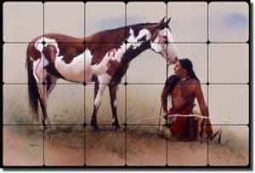 Fawcett Native American  Horse Tumbled Marble Tile Mural 24" x 16" - JFA004