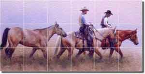 Fawcett Western Cowboy Horses Glass Tile Mural 36" x 18" - JFA005
