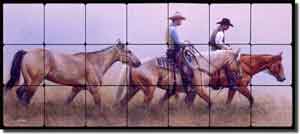 Fawcett Western Cowboy Horses Tumbled Marble Tile Mural 28" x 12" - JFA005