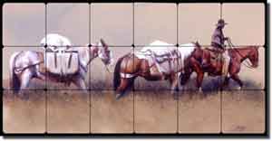 Fawcett Western Cowboy Tumbled Marble Tile Mural 24" x 12" - JFA008