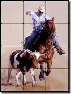 Fawcett Western Cowboy Tumbled Marble Tile Mural 18" x 24" - JFA009