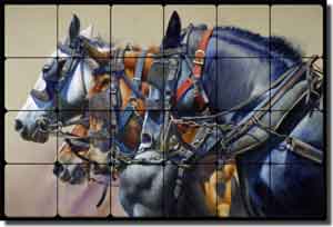 Four Horsepower by John Fawcett Tumbled Marble Tile Mural 24" x 16" - JFA013