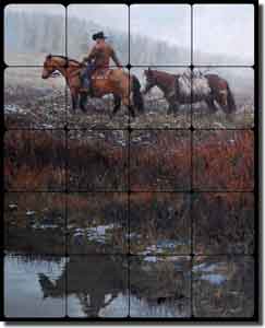 Fawcett Western Cowboy Tumbled Marble Tile Mural 16" x 20" - JFA015