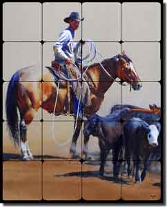 Fawcett Cowboy Horse Tumbled Marble Tile Mural 16" x 20" - JFA017