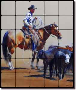 Fawcett Cowboy Horse Tumbled Marble Tile Mural 20" x 24" - JFA017