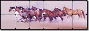 Fawcett Horses Western Tumbled Marble Tile Mural 36" x 12" - JFA018