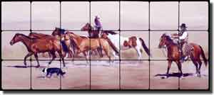 Fawcett Western Horses Tumbled Marble Tile Mural 28" x 12" - JFA019