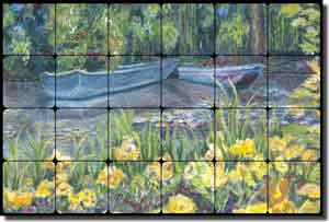 Monet Blue Boats by Joanne Morris Margosian Tumbled Marble Tile Mural 24" x 16" - JM014