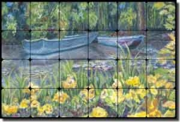 Monet Blue Boats by Joanne Morris Margosian Tumbled Marble Tile Mural 24" x 16" - JM014
