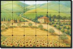 Tuscan Sunflowers by Joanne Morris Margosian Tumbled Marble Tile Mural 24" x 16" - JM015