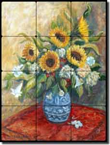 Morris Sunflower Floral Tumbled Marble Tile Mural 18" x 24" - JM017