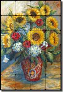 Morris Sunflowers Floral Tumbled Marble Tile Mural 16" x 24" - JM018