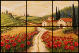 Red Poppy Road by Joanne Morris Margosian Tumbled Marble Tile Mural JM078