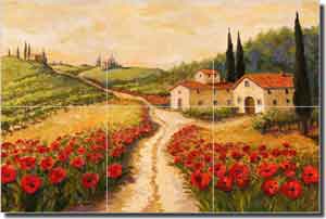 Morris Tuscan Poppy Landscape Glass Tile Mural 18" x 12" - JM078