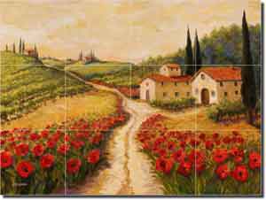 Morris Tuscan Poppy Landscape Glass Tile Mural 24" x 18" - JM078