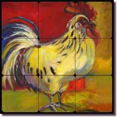 Rooster I by Joanne Morris - Tumbled Marble Tile Mural 18" x 18"