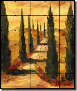 Morris Tuscan Cypress Landscape Tumbled Marble Tile Mural 20" x 24" - JM095