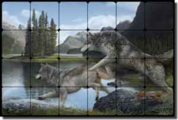 Sparks Wolf Animal Tumbled Marble Mural 24" x 16" - JSA025