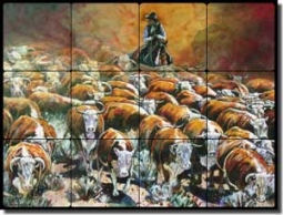 Taylor Western Cattle Tumbled Marble Tile Mural 24" x 18" - JTA012