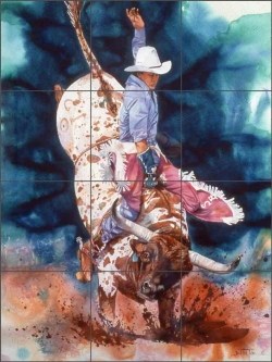 Ceramic Tile Mural Backsplash Senkarik Western Cowboy Cattle Cow Art MSA029 