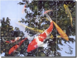 Macon Koi Fish Oriental Glass Tile Mural 24" x 18" - LMA025