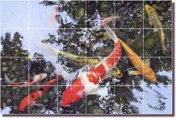 Macon Koi Fish Oriental Glass Tile Mural 36" x 24" - LMA025