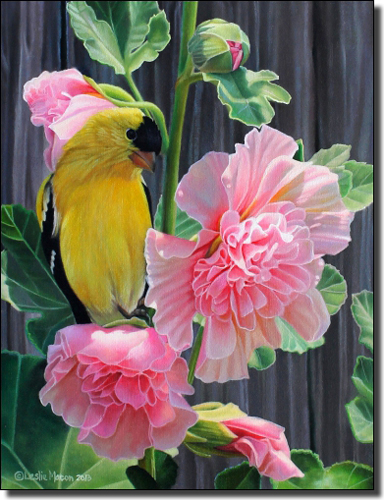 Goldfinch and Hollyhocks by Leslie Macon Ceramic Accent & Decor Tile - LMA051AT