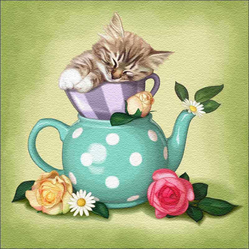 Purr Me Some Tea 1 by Maryline Cazenave Floor Accent Tile - MC2-010aAT