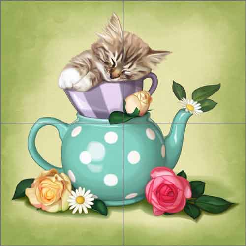 Purr Me Some Tea 1 by Maryline Cazenave Ceramic Tile Mural - MC2-010a