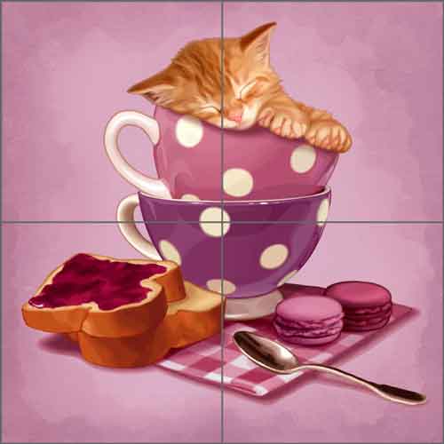 Purr Me Some Tea 2 by Maryline Cazenave Ceramic Tile Mural - MC2-010b