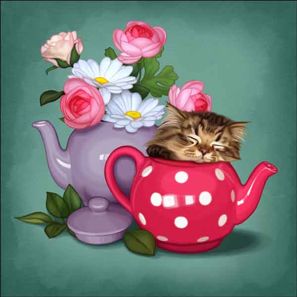 Purr Me Some Tea 3 by Maryline Cazenave Accent & Decor Tile MC2-010cAT