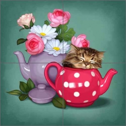 Purr Me Some Tea 3 by Maryline Cazenave Ceramic Tile Mural - MC2-010c