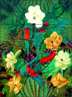 Parrots & Orchids by Micheline Hadjis Ceramic Tile Mural MHA001