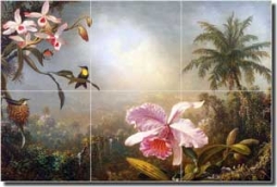Heade Orchids Hummingbirds Ceramic Tile Mural 18" x 12" - MJH003