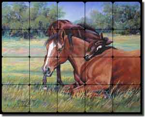 McDonald Horses Equine Tumbled Marble Tile Mural 20" x 16" - MMA003