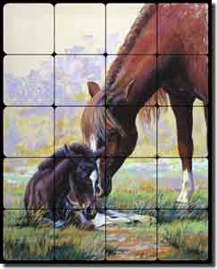 McDonald Horse Foal Tumbled Marble Tile Mural 16" x 20" - MMA005