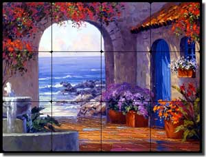 Senkarik Courtyard Seascape Tumbled Marble Tile Mural 16" x 12" - MSA019