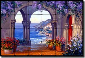 Senkarik Mediterranean Seascape Tumbled Marble Tile Mural 24" x 16" - MSA026