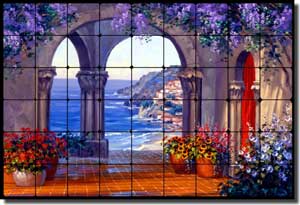 Senkarik Mediterranean Seascape Tumbled Marble Tile Mural 36" x 24" 4" - MSA026