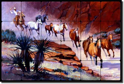 Senkarik Western  Horses Tumbled Marble Tile Mural 24" x 16" - MSA030