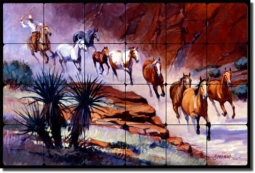 Senkarik Western Horses Tumbled Marble Tile Mural 36" x 24" - MSA030