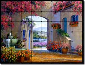 Senkarik Courtyard Landscape Tumbled Marble Tile Mural 32" x 24" - MSA033