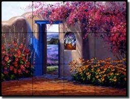 Senkarik Courtyard Landscape Tumbled Marble Tile Mural 24" x 18" - MSA048