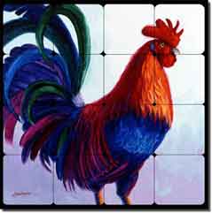 Traveling Alarm Clock by Mikki Senkarik - Rooster Tumbled Marble Tile Mural 16" x 16"