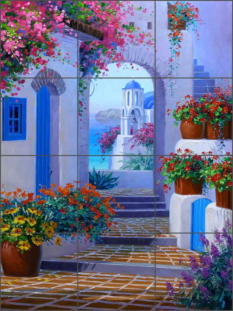 Santorini Song by Mikki Senkarik Ceramic Tile Mural - MSA074