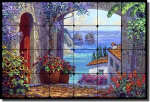Senkarik Mediterranean Seascape Tumbled Marble Tile Mural 24" x 16" - MSA089