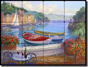 Senkarik Mediterranean Seascape Tumbled Marble Tile Mural 16" x 12" - MSA122