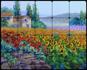 Senkarik Sunflowers Landscape Tumbled Marble Tile Mural 20" x 16" - MSA134