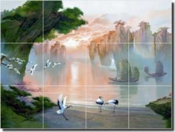 Bettiri Oriental Seascape Ceramic Tile Mural 17" x 12.75" - MSA2003